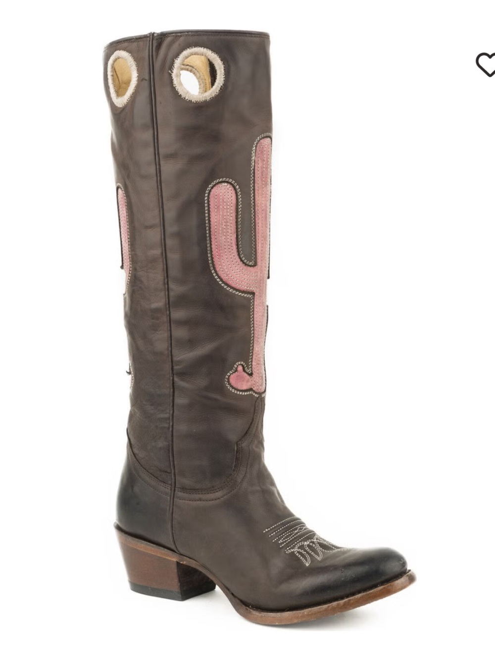 Stetson Brown Leather Over-the-Knee Boots with Pink Cactus Inlay